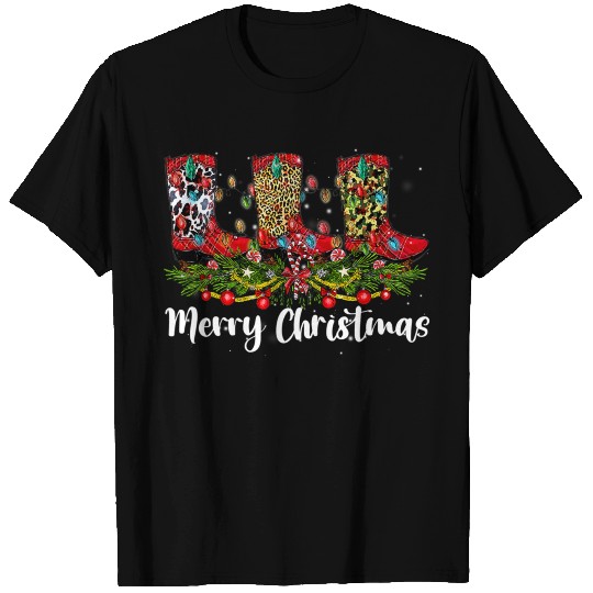 Merry Christmas Leopard Cowboy Boot Western Santa T Shirts