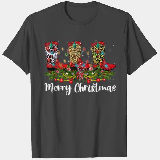 Merry Christmas Leopard Cowboy Boot Western Santa T Shirts