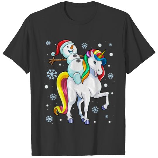 Christmas Snowman Riding Unicorn Xmas Magical Rain T-shirt