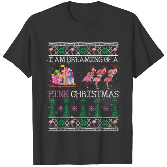 Pink Christmas Reindeer Flamingo Sleigh Santa T-shirt