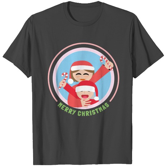 Mother and son wearing Santa Claus T Shirts