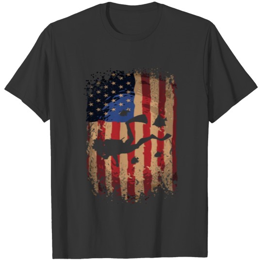 American USA Flag Scuba Diving Freediving Diver T-shirt