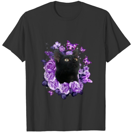 Cat Black Cat Flower Violet Rose Flower T-shirt