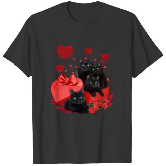 Cat Black Cat Valentine Gift Box Heart Flower Kitt T-shirt