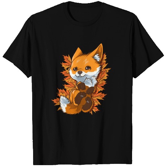 Baby Fox Animal Snuggled in Autumn Fall Leaves T Shirts