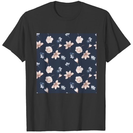 Navy Blue Floral Watercolor Pattern T Shirts