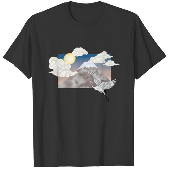 Japanese Crane and mountain sun set T-shirt