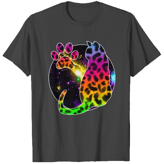 'Rainbow Space Cat' Cat Paw Rainbow Stars Galaxy T Shirts