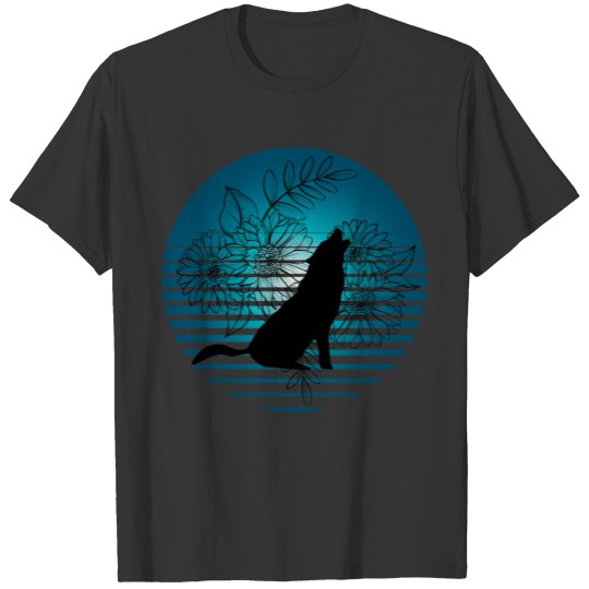 Teal Wolf Silhouette With Flowers T-shirt