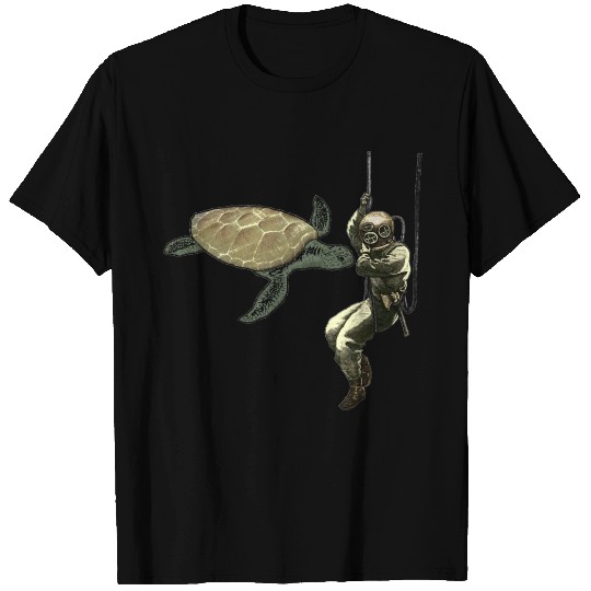 Vintage Helmet Diver on a Rope with a Giant Turtle T Shirts