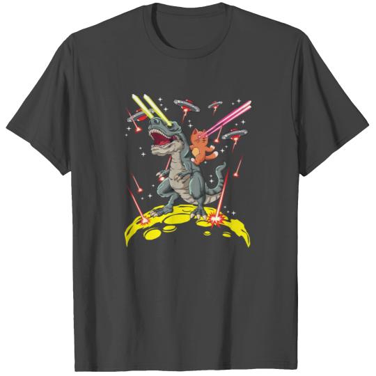Dinosaur Space Cat Riding TRex Laser Eyes Alien In T Shirts