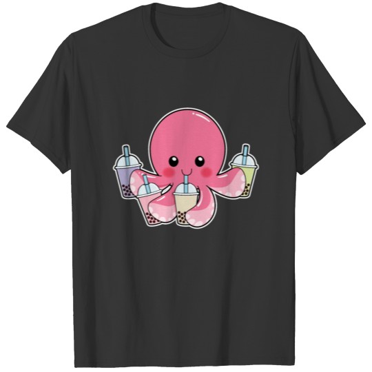 CuteKawaii Pink Octopus Boba Bubble Milk Tea T-shirt