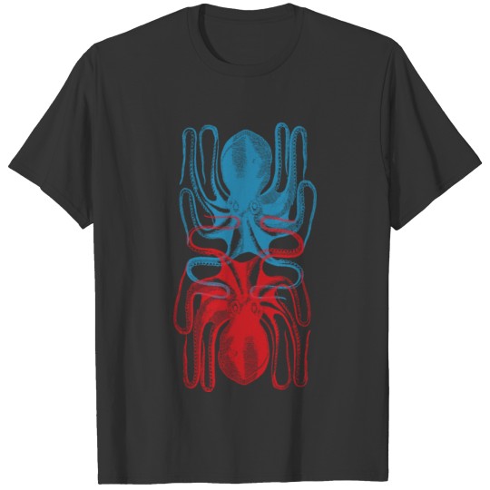 Octopus Design, Vintage Vibes, Blue and Red Effect T-shirt