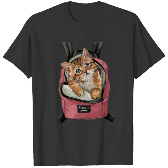 Fluffy Cute Cat Inside The Pink Bagpack T Shirts