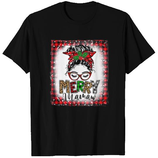 Bleached Buffalo Plaid Messy Bun Merry Mamaw T Shirts