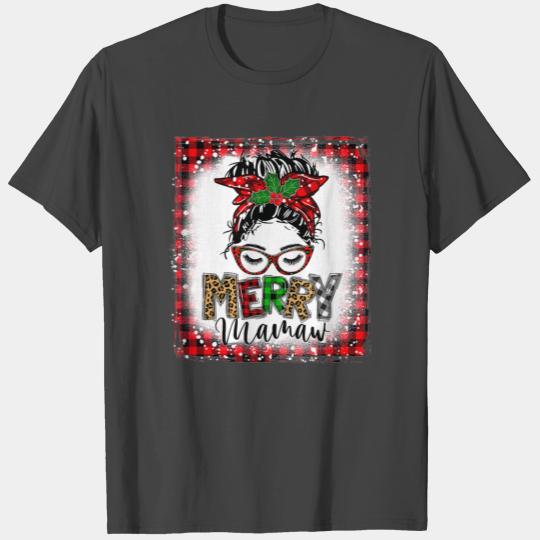 Bleached Buffalo Plaid Messy Bun Merry Mamaw T Shirts