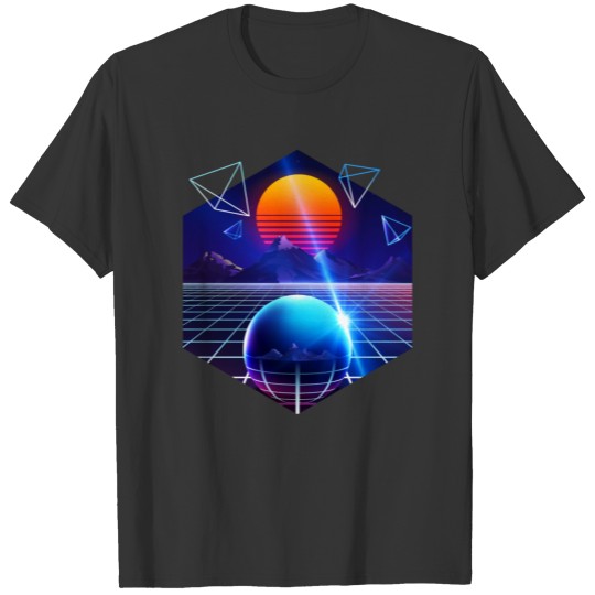 Neon sunset, mountains and sphere T-shirt