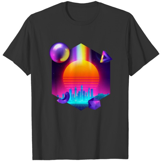 Neon sunset, city and sphere T-shirt