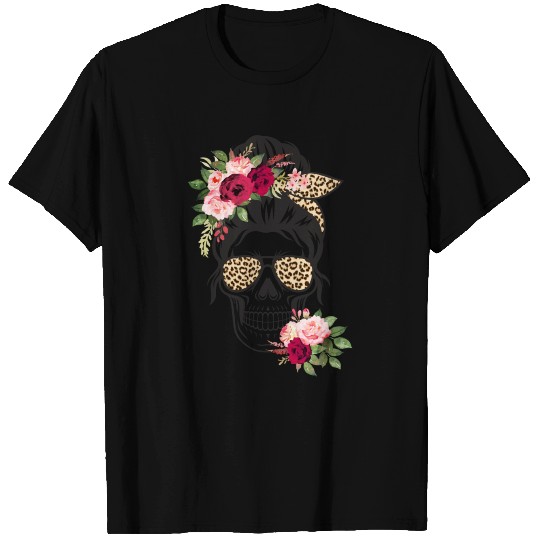 Floral Leopard Messy Bun Skull T Shirts