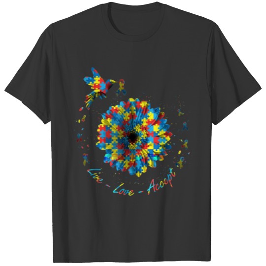 Bird Flower Ribbon Puzzle Live Love Autism T Shirt T-shirt