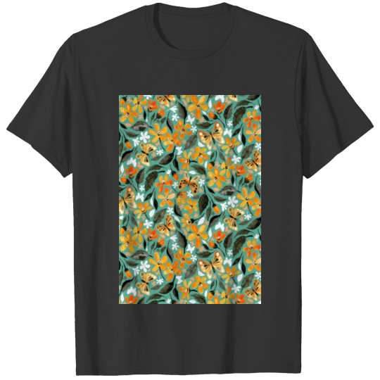 Warm Orange and Teal Watercolor Butterfly Floral T-shirt