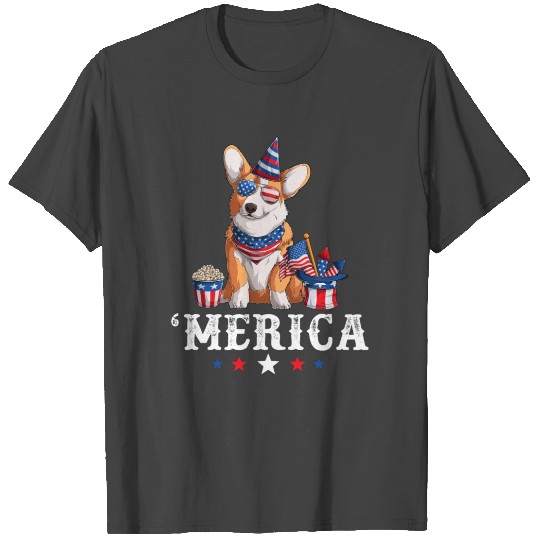 Corgi Merica Dog 4th of July USA American Flag T Shirts