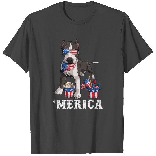 Merica Pit Bull 4th of July Dog American Flag USA T Shirts