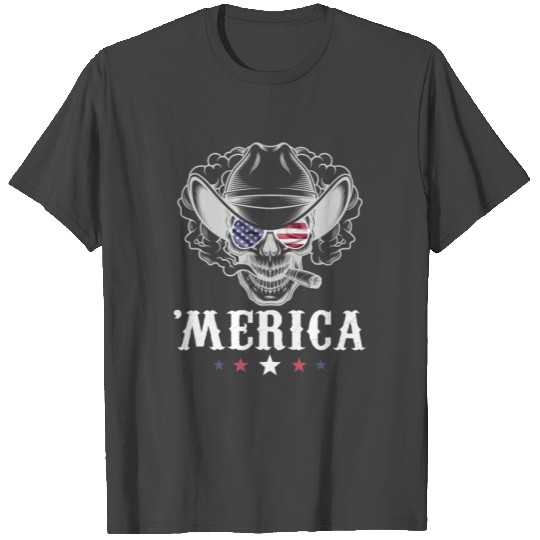 Smoking Skull Cowboy Merica 4th of July American F T Shirts