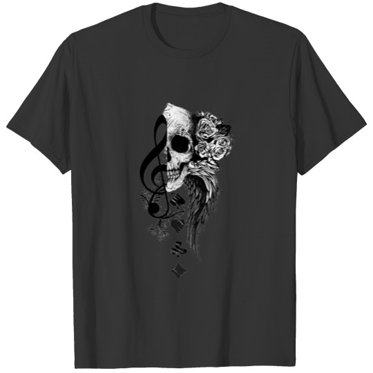 Note, skull, wing and flowers T-shirt