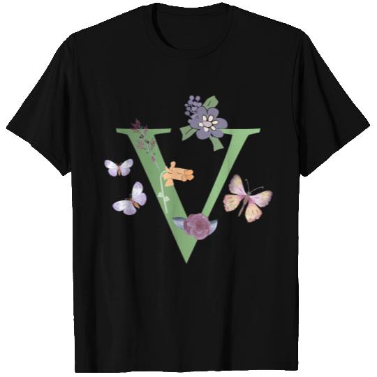 Initial Monogram Flowers Butterflies Letter V T Shirts
