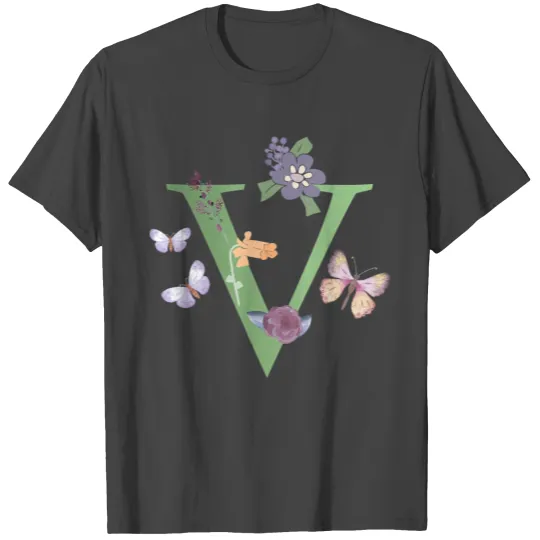Initial Monogram Flowers Butterflies Letter V T Shirts
