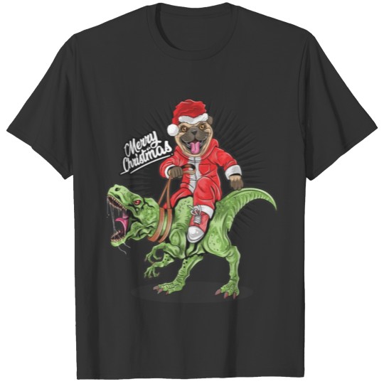 christmas santa claus pug dog riding rex dinosaur T Shirts