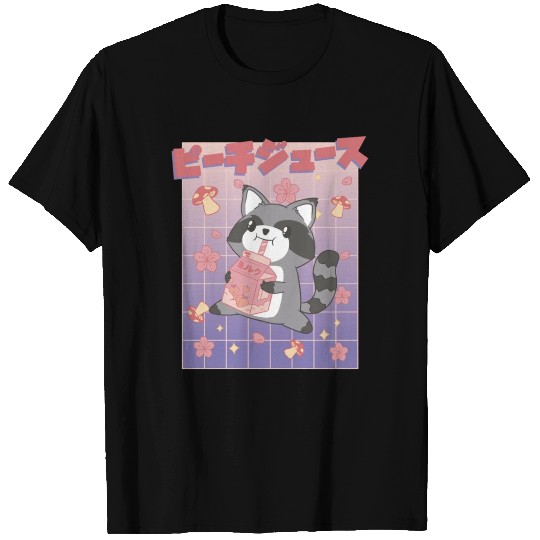 Kawaii Raccoon Drinking Peach Juice T Shirts