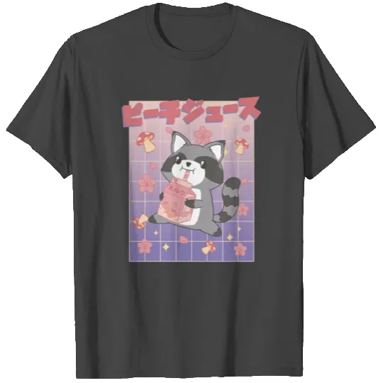 Kawaii Raccoon Drinking Peach Juice T Shirts