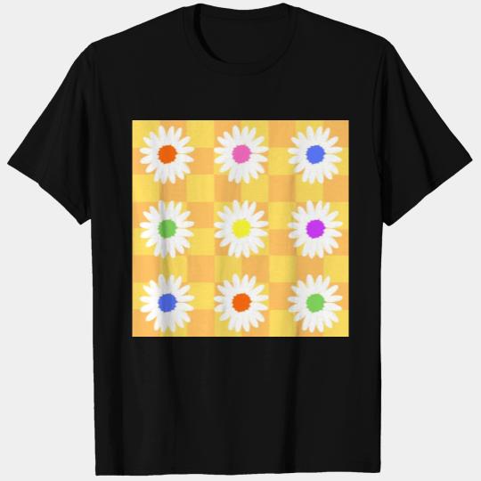 Retro Daisies - Orange and Yellow Checkerboard T Shirts