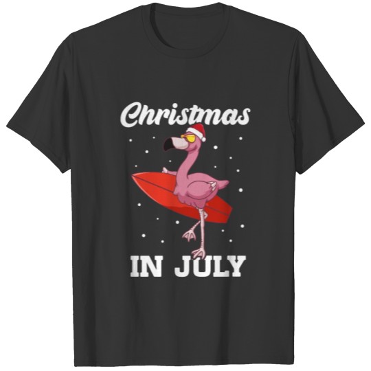 Christmas In July Funny Flamingo Santa Hat Surfing T Shirts