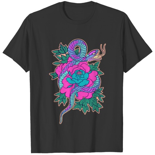 Purple, Blue, Teal Snake and Pink Peony T Shirts