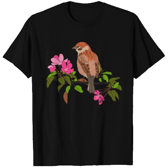 Sparrow on a branch pink flowers of an apple tree T Shirts