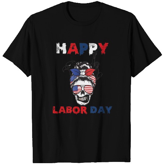 Happy Labor Day Messy Bun American Flag Skull T Shirts