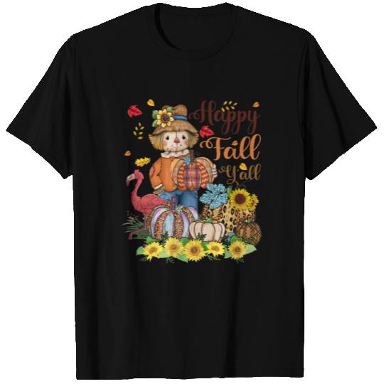 Happy Fall Y'all Scarecrow Flamingo Pumpkins T Shirts