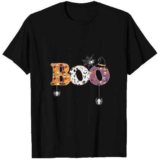 Boo With Spiders And Witch Hat Halloween T Shirts