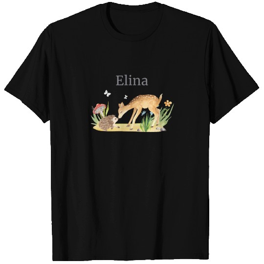 Forest Animal Deer Hedgehog Flowers Name Elina T Shirts