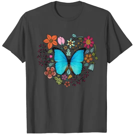 Light blue butterfly with heart flowers T Shirts