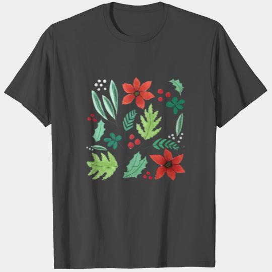 Christmas Leaf and Poinsettia Pattern T Shirts