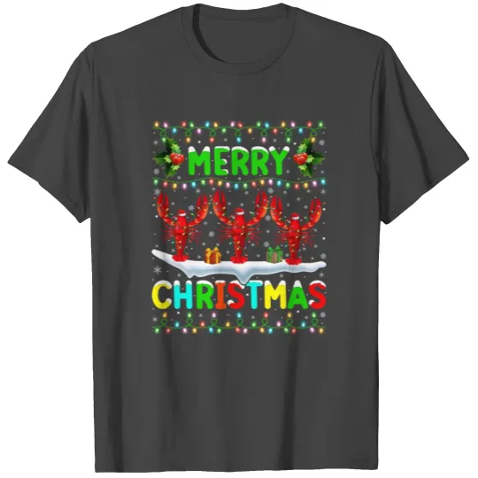 Xmas Lobster Fish Lighting Santa Hat Merry Xmas T Shirts