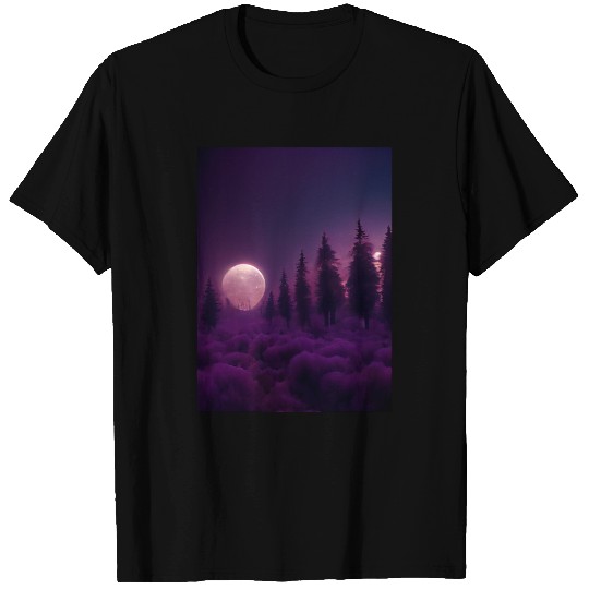 Forest in night above purple clouds, moon T Shirts