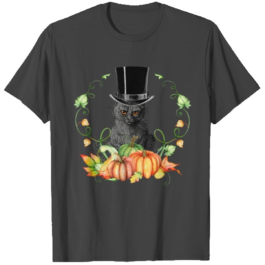 Cranky Black Cat in Top Hat in Fall Harvest Wreath T Shirts