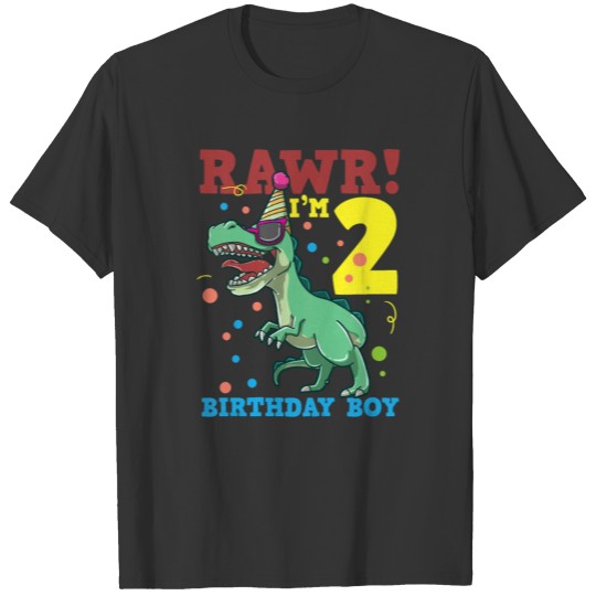 Kids 2nd Birthday Two Years Old Tyrannosaurus Rex T Shirts
