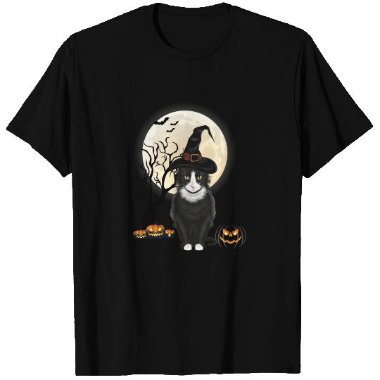 Scary Black Cat Moon Pumpkin Witch Hat Halloween T Shirts