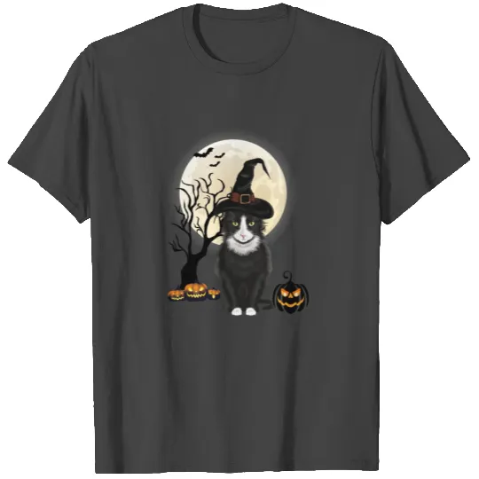 Scary Black Cat Moon Pumpkin Witch Hat Halloween T Shirts